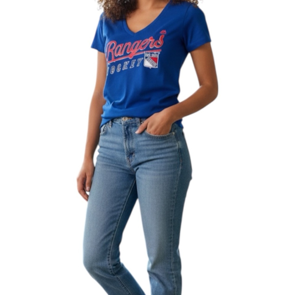 New York Rangers NHL Hockey Blue Short Sleeved V-Neck Pullover Shirt size Medium
